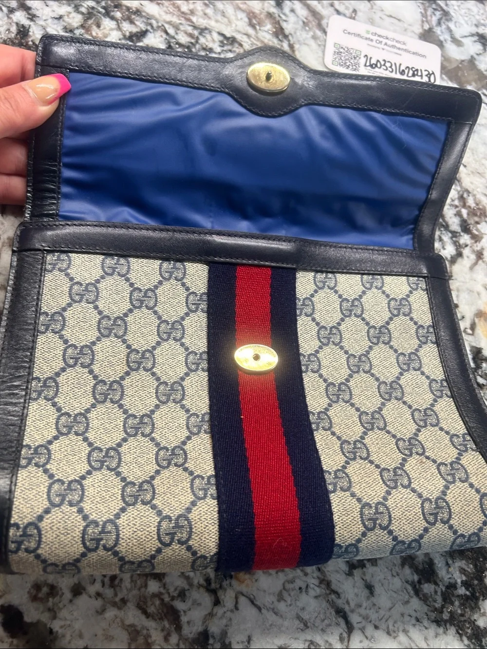 Gucci Beige GG Supreme Vintage Sherry Line Web Stripe Clutch 1980’s with COA
